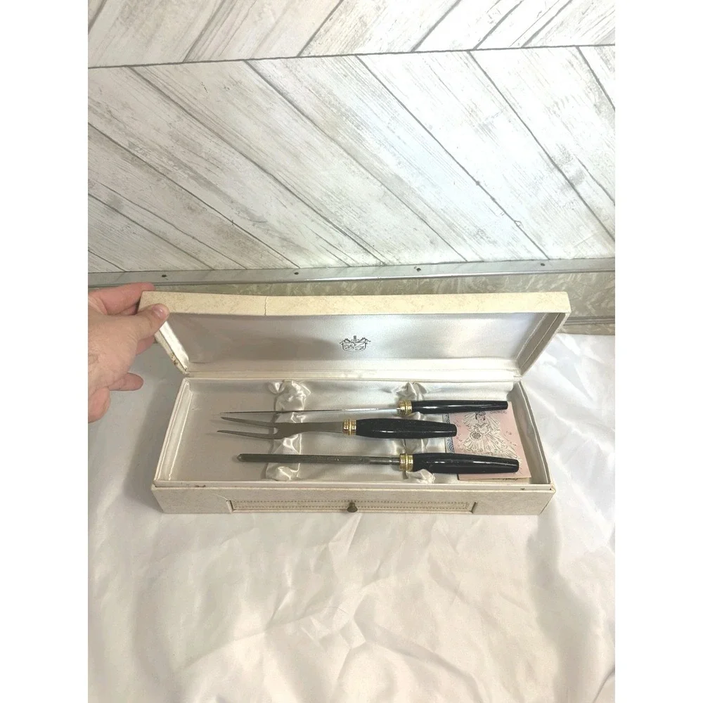 Vintage Bridal Shower Gift Serving Utensil Set Black Handles Gold Accent NICE!